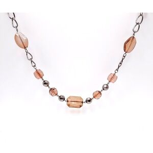 Long Brown Lucite Beaded Necklace Gunmetal Geometric Statement 39in